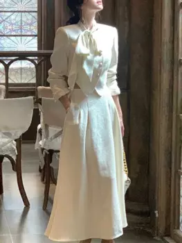 Винтажный комплект из 2 предметов с юбкой, Женский шикарный пиджак с длинным рукавом и повседневная юбка миди, модель 2023 года, зимний женский офисный элегантный облегающий костюм в Корейском стиле