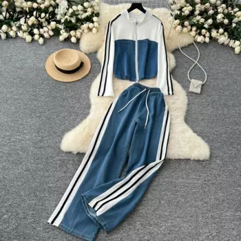 Винтажный комплект Neploe в гонконгском стиле с воротником-стойкой и длинным рукавом, пальто на шнуровке, прямые брюки с широкими штанинами, Повседневная джинсовая мода, Костюмные брюки