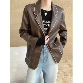 Винтажный коричневый пиджак из искусственной кожи, Женский Повседневный свободный блейзер с отложным воротником и карманами