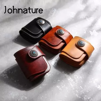Винтажный короткий кошелек Johnature из натуральной кожи ручной работы, новинка 2024, однотонный кошелек унисекс с застежкой первого слоя из воловьей кожи, бирюзовый кошелек