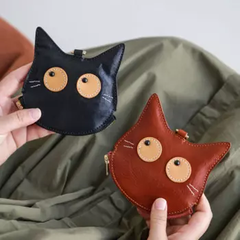 Винтажный Кошелек для монет из мягкой натуральной кожи, кошельки с мультяшным котенком для женщин, милые миниатюрные тонкие кошельки с уникальным дизайном и молнией