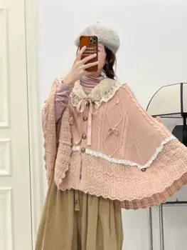 Винтажный кружевной лоскутный кардиган для женщин, каваи, японский опрятный стиль, униформа для девочек JK, пальто-свитер, милая Лолита, Вязаный плащ