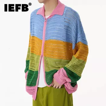 Винтажный Мужской кардиган IEFB, женская одежда с вырезами, отложным воротником и длинным рукавом, Мужская одежда, новинка, шикарный 9C6923