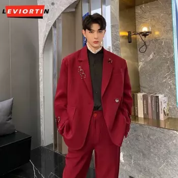 Винтажный мужской пиджак, однотонный, с лацканами, с длинным рукавом, на одной пуговице, железное кольцо, украшение, костюмы для отдыха, мужская уличная одежда, винно-красные куртки