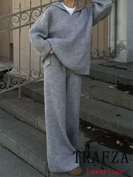 Винтажный Повседневный шикарный Однотонный женский трикотажный костюм TRAFZA свитер с длинным рукавом и V-образным вырезом свободные прямые брюки модные костюмы 2024