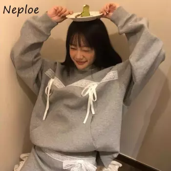 Винтажный серый кружевной Свитшот Neploe с бантом и круглым вырезом, Женский Свободный свитшот Y2k с длинным рукавом, новинка весны 2024, тонкие женские топы