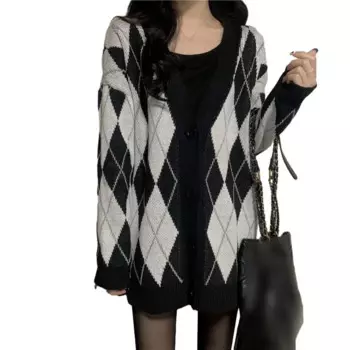 Винтажный стеганый Свободный Повседневный непринужденный вязаный свитер до осени с V-образным вырезом, розовый кардиган, один размер