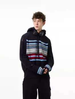 Винтажный свитер с капюшоном, контрастный полосатый вязаный свитер, женский свитер