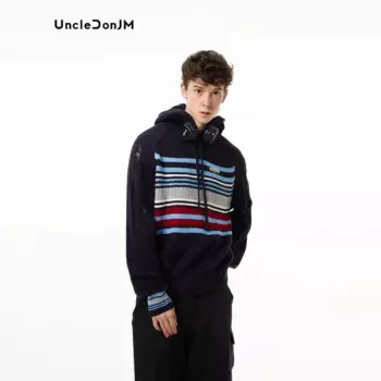 Винтажный свитер с капюшоном, контрастный полосатый вязаный свитер, женский свитер