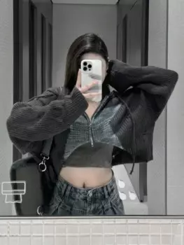 Винтажный уличный свитер со звездами, вязаные свитера, осенняя мода, пальто на молнии в стиле Харадзюку, Y2k, Укороченный кардиган в стиле кэжуал для женщин