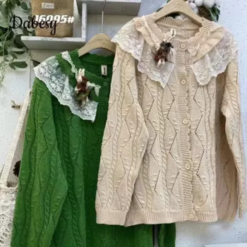 Винтажный вязаный кардиган Mori Girl с вырезами, женский осенне-зимний однобортный свитер с кружевом и оборками, пальто, Повседневная Свободная верхняя одежда