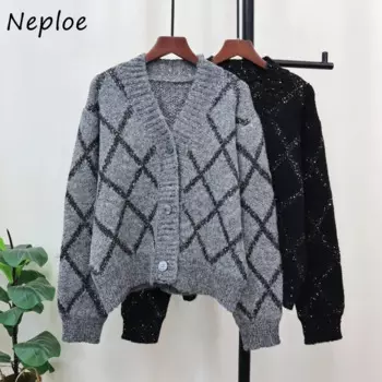 Винтажный вязаный кардиган Neploe с ромбиками, Осень-зима 2024, Новые свитера с V-образным вырезом, Универсальные женские Топы с длинным рукавом