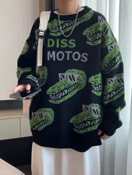 Винтажный вязаный пуловер с рисунком крокодила, мужской повседневный свитер Y2k, большой свитер в стиле хип-хоп, осень-зима, свитер с длинными рукавами