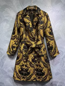 Винтажный жаккардовый костюм с геометрическим узором, воротник, двубортный плащ с ремешком на талии, осень 2024, новая женская модная куртка, пальто