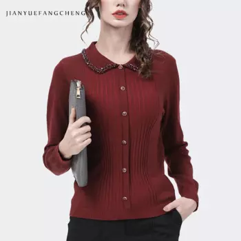 Винтажный женский шерстяной свитер винного цвета, вязаный пуловер, топы, модный элегантный тонкий свитер с воротником Питер Пэн и бусинами, верхняя одежда