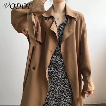 VODOFcasual двубортная Женская ветровка средней длины с карманами весна-осень Свободная Женская ветровка с длинными рукавами на талии