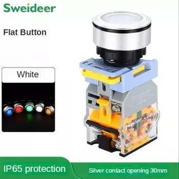 Водонепроницаемый кнопочный переключатель, плоский переключатель с функцией самосброса, красного, зеленого, желтого, белого, синего цветов, цветовая температура 12 В, 24 В, 220 В, 30 мм