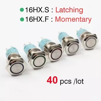 Водонепроницаемый металлический кнопочный переключатель со светодиодной подсветкой, 40 шт./лот, 16 мм, красный, синий, зеленый, желтый, с самоблокировкой, мгновенный выключатель питания