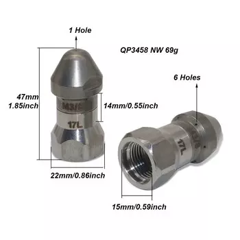 Водяной пистолет, 17 л, пагода, насадка высокого давления, очистка, выемка сточных вод, насадка для шламу, 7 отверстий, спереди, 1 сзади, 6, внутренний, 15 мм/0,59 дюйма