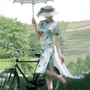 Восточное платье, шелковые синие платья-Ципао, вечерние платья большого размера с принтом, платья Ципао, высококачественное платье-Ципао, женский костюм