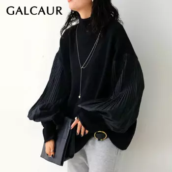 Вязаная водолазка GALCAUR женская, однотонный свободный свитер со складками и рукавами-фонариками, Модная стильная одежда в стиле пэчворк, осень