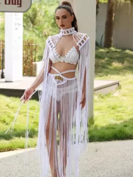 Вязаные крючком женские накидки на бикини с кисточками, 2024, летние каникулы, пляжный купальный костюм, сексуальные полые юбки, одинаковый комплект