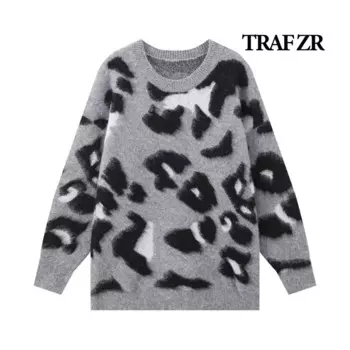 Вязаные пуловеры TRAF ZR, винтажные уютные свитера, женские осенние свитера, пуловеры с длинными рукавами, пуловер с круглым вырезом и леопардовым принтом