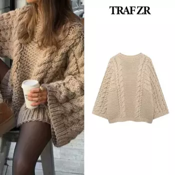 Вязаные Пуловеры TRAF ZR Y2k, винтажный Топ, трикотажная одежда с круглым вырезом, свободные облегающие Пуловеры, свитеры с длинным рукавом, женский осенний свитер