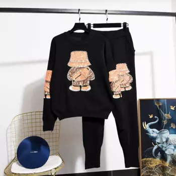 Вязаные спортивные костюмы с бриллиантами и блестками, женский черный спортивный вязаный пуловер, свитер, брюки-карандаш, женская одежда из двух предметов
