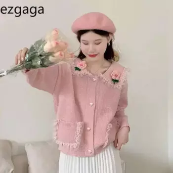 Вязаный кардиган Ezgaga, Женская Цветочная кружевная верхняя одежда в стиле пэчворк, свободная Милая Цветочная кофта с круглым воротником и карманами, женская мода