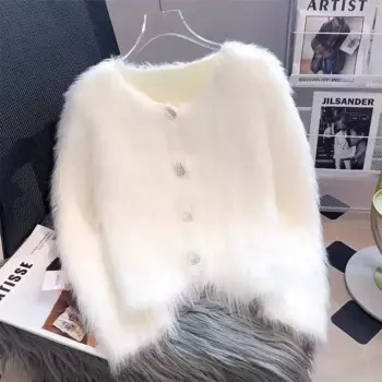 Вязаный кардиган из искусственной норки, женский однобортный элегантный однотонный свободный осенне-зимний мягкий пиджак, офисный женский свитер с v-образным вырезом, блузка