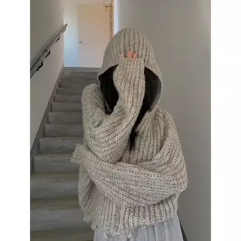 Вязаный кардиган с капюшоном, женский укороченный рваный свитер, корейский трикотаж большого размера, джемперы на молнии в стиле Харадзюку, пальто, топы E4460