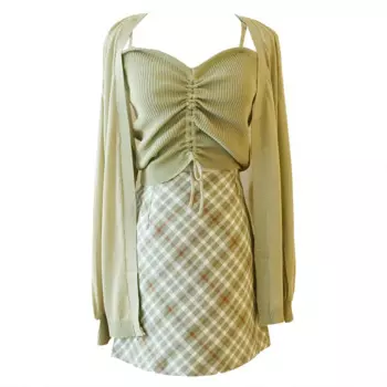 Вязаный кардиган с юбкой авокадо, жилет, юбка, клетчатая юбка, костюм-тройка, юбка