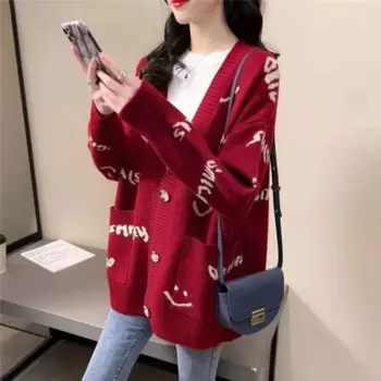 Вязаный кардиган, женский свитер, красный, черный, серый повседневный свободный свитер, Кардиган с длинным рукавом, джемпер в Корейском стиле