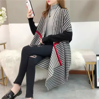 Вязаный кардиган, зимняя одежда, Женская шаль из твида «гусиные лапки», асимметричная накидка, корейское Модное пончо в стиле пэчворк, женские топы с длинным рукавом