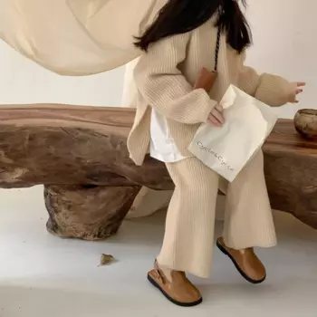 Вязаный комплект для девочек, Детский свитер, топы и брюки, комплект из двух предметов, пуловер с длинным рукавом и брюки в Корейском стиле, костюм из 2 предметов