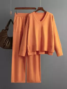 Вязаный свитер, комплект из 2 предметов, женский зимне-осенний теплый пуловер с v-образным вырезом, прямые брючные костюмы для бега, повседневный спортивный костюм большого размера, женский