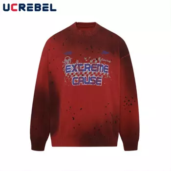 Вязаный свитер с буквенным принтом, мужской свитер с разбрызгами чернил, High Street, осень-зима, свободный мужской пуловер с круглым вырезом и длинными рукавами