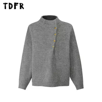 Вязаный свитер с украшением на пуговицах, мужской однотонный уличный свитер в стиле ретро, свободный мужской пуловер с воротником-стойкой и длинными рукавами