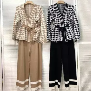 Вязаный жакет и брюки Houndstooth, комплект из двух предметов, однотонный Свободный Повседневный женский костюм