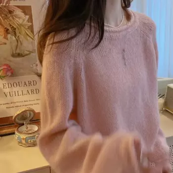 Вязаный женский свитер из 100% шерсти с круглым вырезом, европейский и американский модный женский новый пуловер, шерстяной свитер с длинными рукавами, 3 цвета