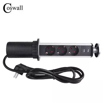 Выдвижная розетка COSWALL 3 розетки 2 USB синяя подсветка