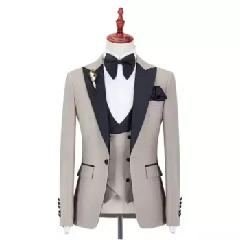 Выполненный на заказ жених, бежевый смокинг для жениха, пиковый черный лацкан, мужские костюмы, свадебный шафер, жених (куртка + брюки + жилет)