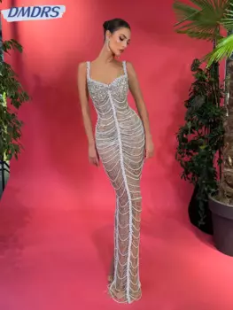 Вышитое вручную бисер и жемчуг платье для выпускного вечера сексуальная иллюзия коктейльные платья без рукавов роскошное прямое длинное вечернее платье Robe De Marie