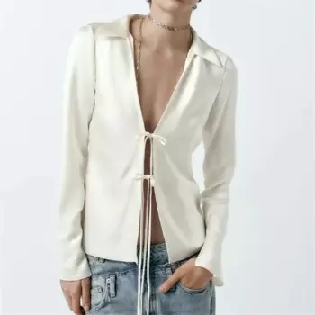 Высокий Мягкий Топ, новинка весны 2024, Женская облегающая шелковая атласная текстурная рубашка с длинными рукавами и бантом