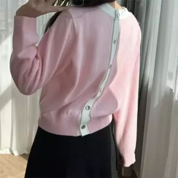 Высококачественная Европейская Женская одежда, маленький свежий и милый розовый вязаный Топ с цветком вишни, кардиган с пуговицами сзади