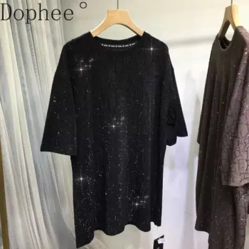 Высококачественная Роскошная популярная женская футболка со стразами средней длины пуловер оверсайз средней длины топ с круглым вырезом и коротким рукавом футболки