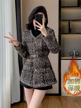 Высококачественная зимняя теплая утепленная твидовая куртка, женский пояс с v-образным вырезом и длинными рукавами, тонкое хлопковое темпераментное шерстяное пальто