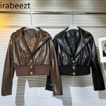 Высококачественное элегантное пальто из искусственной кожи с золотой пряжкой, женская новая приталенная куртка для осени и зимы, модные женские топы