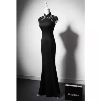 Высококачественное черное кружевное платье-Ципао с бусинами в стиле ретро